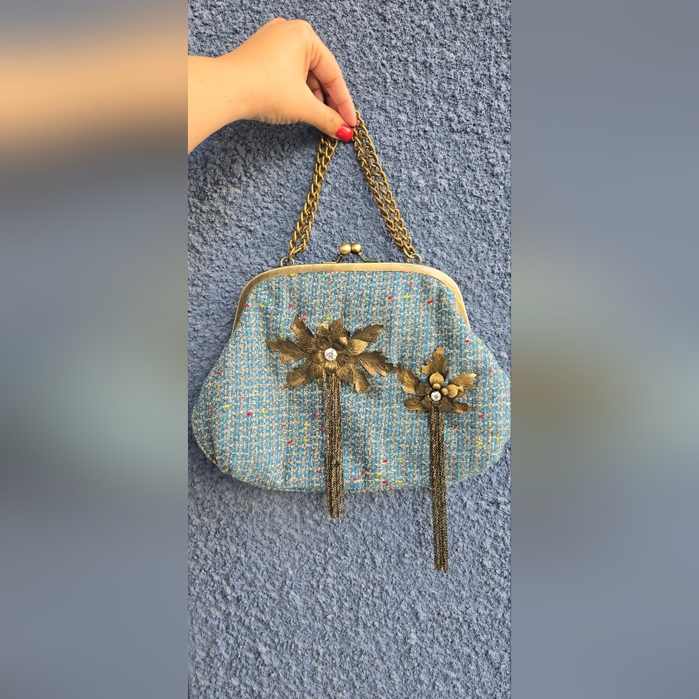 Vintage Blue Tweed Kiss-Lock Purse